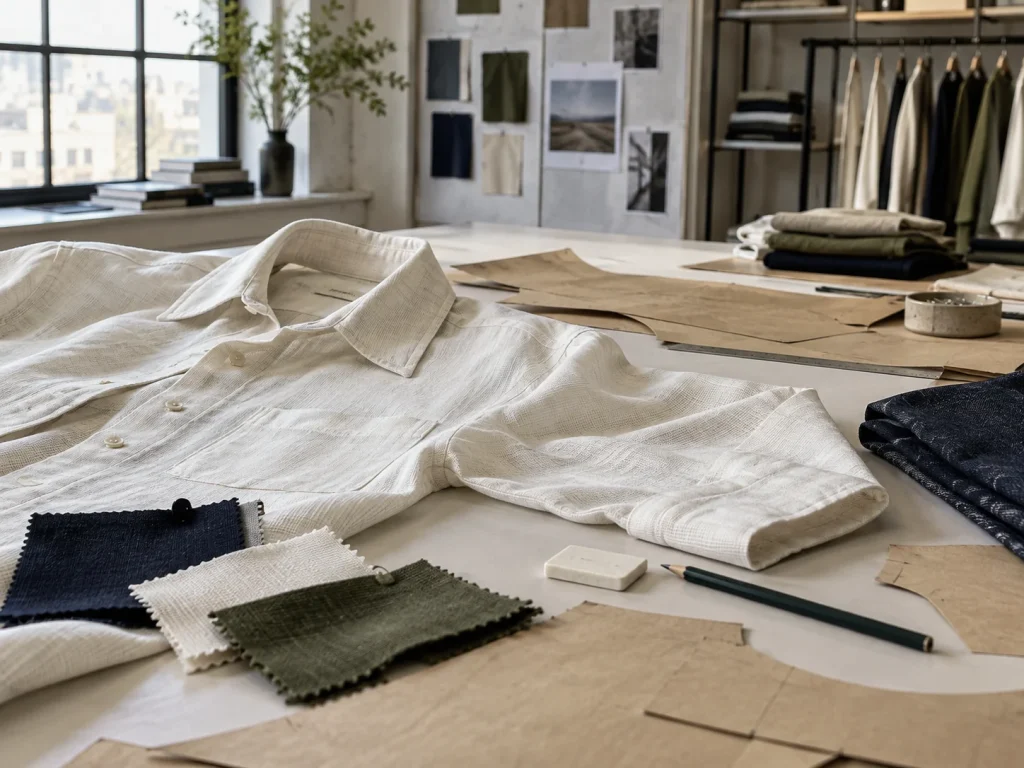 Illustrative shirt development with fabric swatches and pattern pieces
