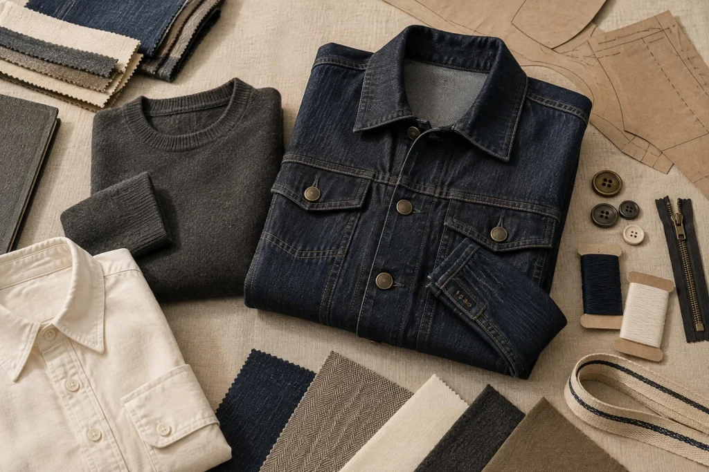 Illustrative apparel collection with knitwear, woven garments, denim and fabric swatches
